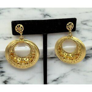 Vintage Gold Tone Filigree Drop Earrings Hoops Classic Elegant Bold 80s